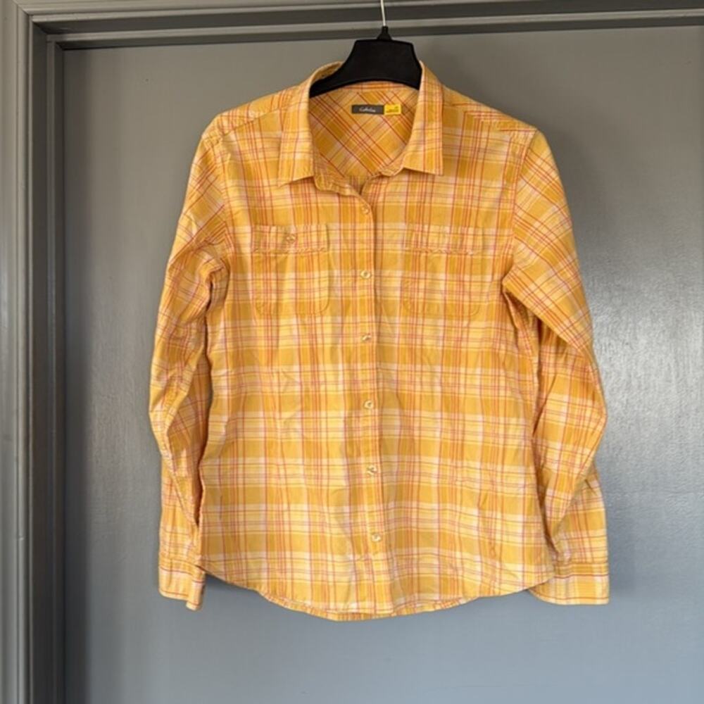Cabela's Women's Yellow Plaid Button Down Top Long Roll Tab Sleeves sz Large